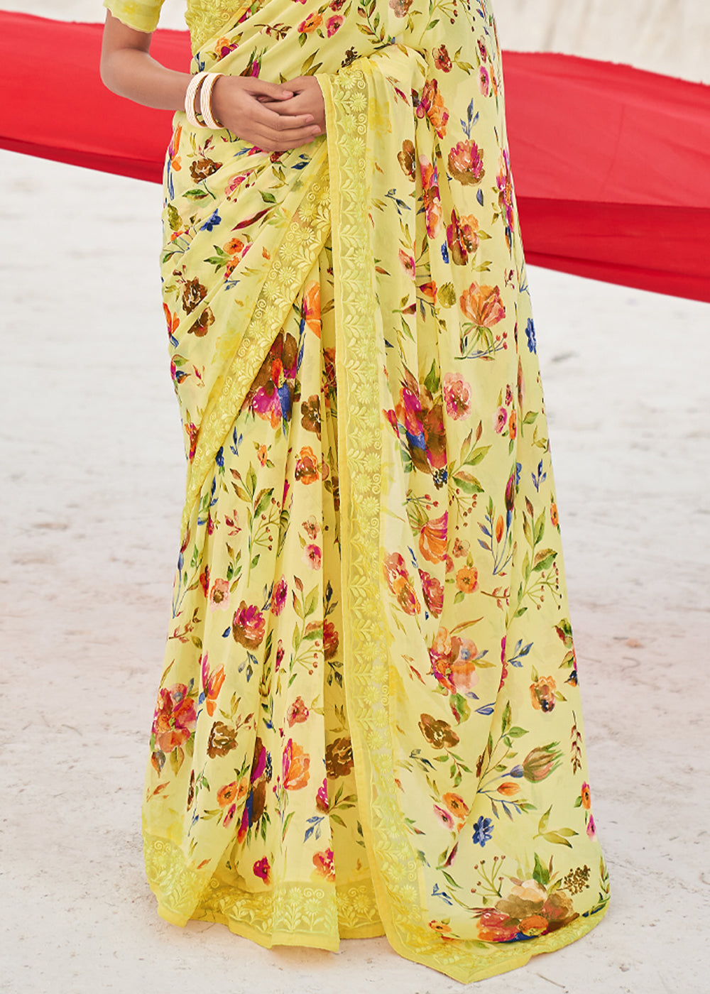 Buy MySilkLove Flax Yellow Digital Printed Chiffon Saree Online