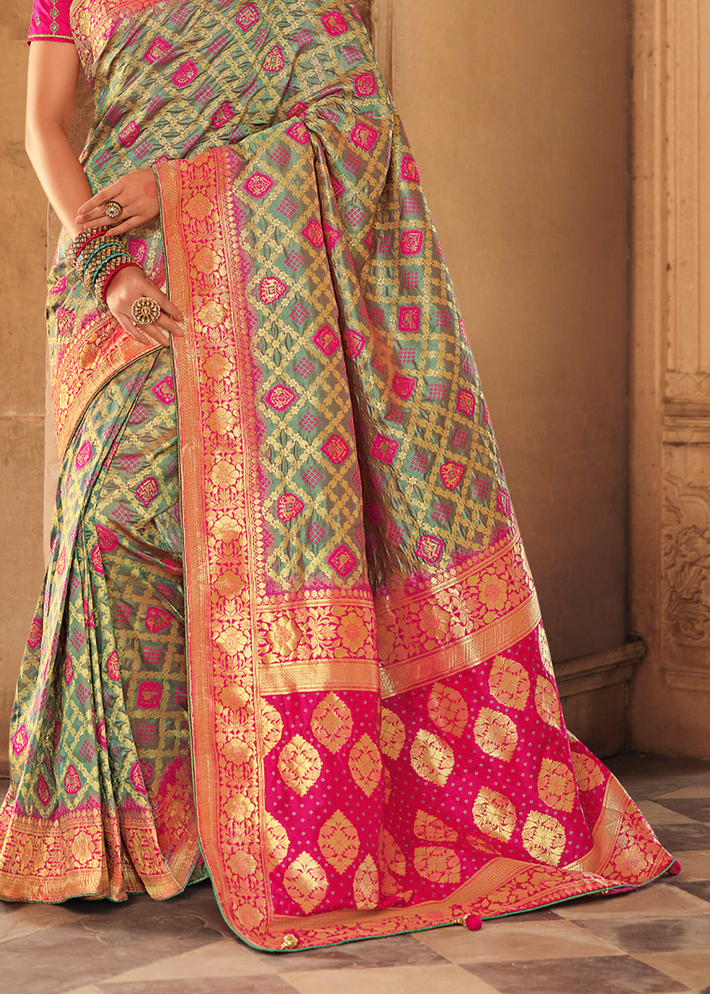 Buy MySilkLove Taupe Grey and Pink Zari Woven Banarasi Saree with Designer Blouse Online