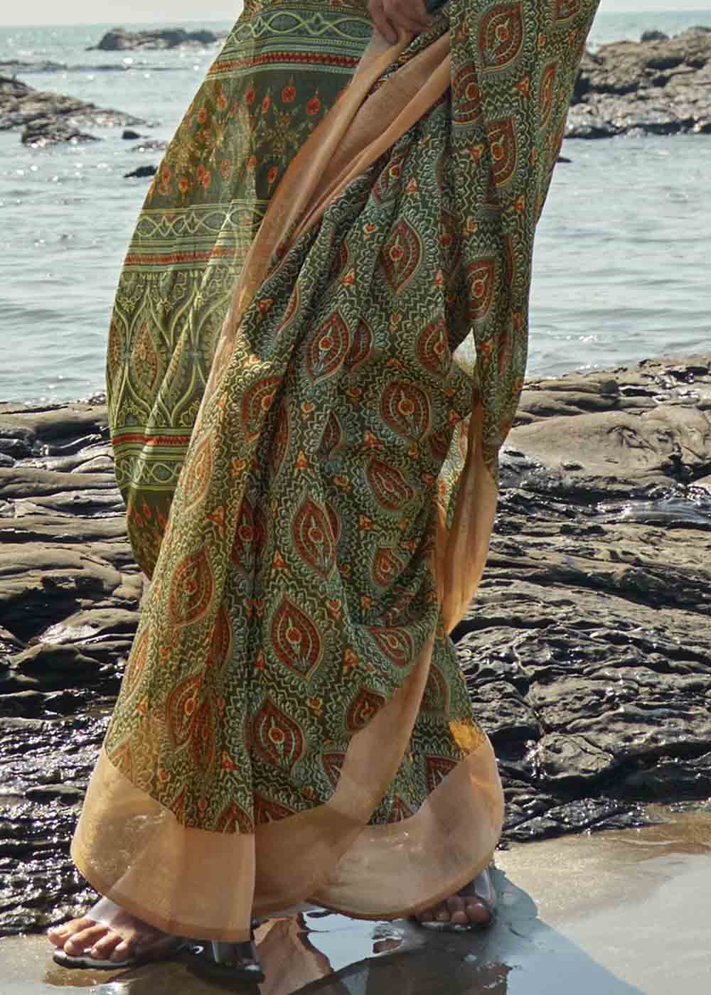 Buy MySilkLove Misty Green Printed Cotton Saree Online