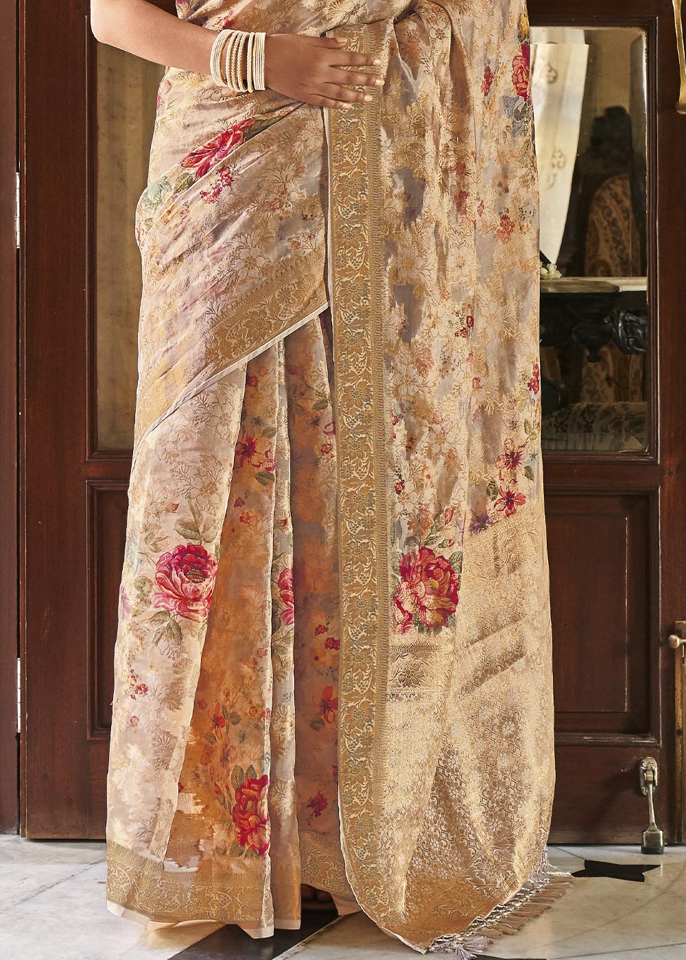 Buy MySilkLove Cameo Cream Digital Printed Brasso Saree Online