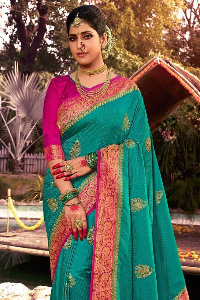 Buy MySilkLove Paradiso Blue and Pink Zari Woven Kanjivaram Saree Online