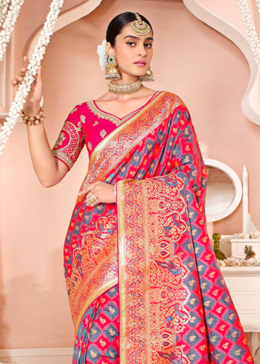 Buy MySilkLove Rose Pink Zari Woven Banarasi Saree with Designer Blouse Online