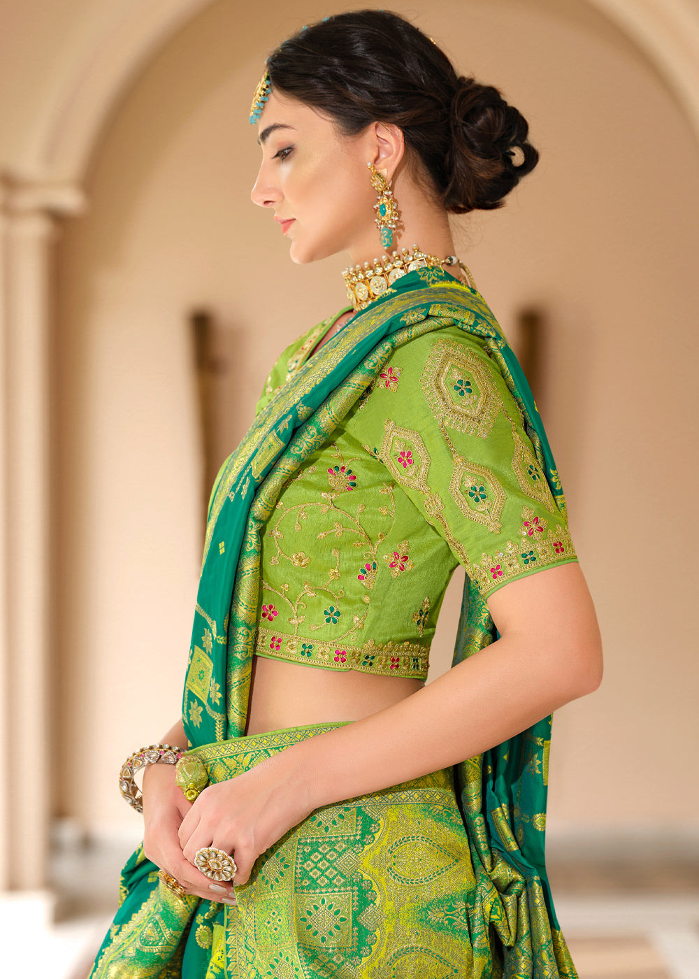 Viridian Green and Light Green Woven Designer Banarasi Silk Saree