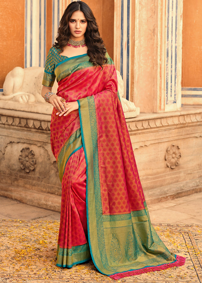 Jelly Pink and Blue Zari Woven Kanjivaram Saree