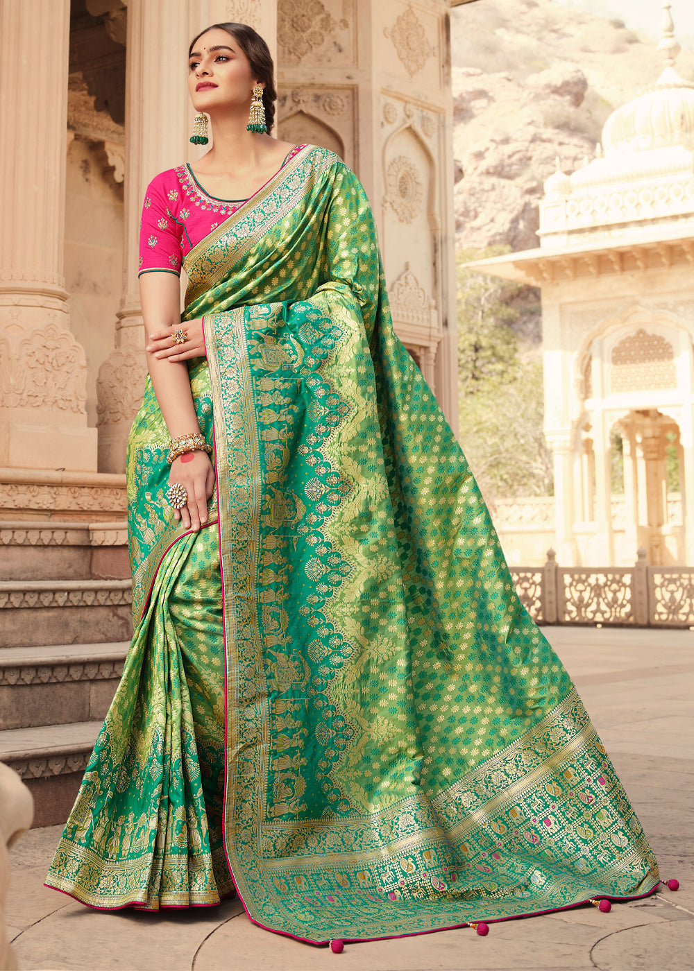 Buy MySilkLove Amulet Green and Pink Zari Woven Banarasi Saree with Designer Blouse Online