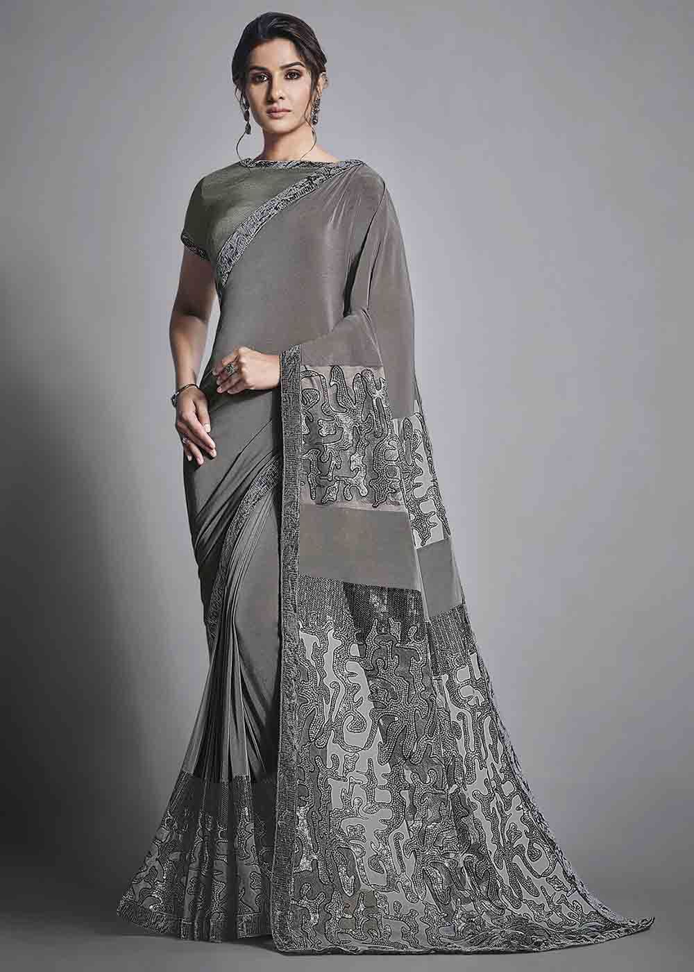 Buy MySilkLove Empress Grey Designer Lycra Saree with Embroidery Work Online