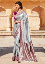 French Silver Grey and Purple Zari Woven Designer Banarasi Saree