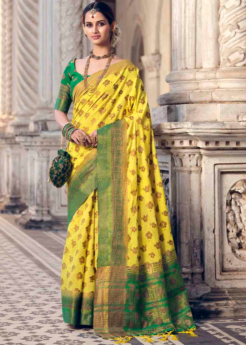 Buy MySilkLove Energy Yellow and Green Zari Woven Banarasi Raw Silk Saree Online