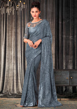 Pale Sky Grey Sequins Embroidered Designer Georgette Saree