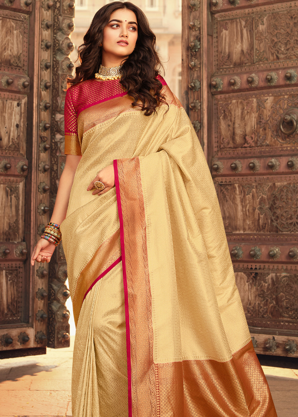 Buy MySilkLove Cream Brulee and Red Zari Woven Kanjivaram Saree Online