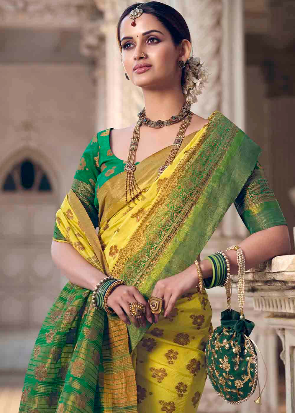 MySilkLove Energy Yellow and Green Zari Woven Banarasi Raw Silk Saree