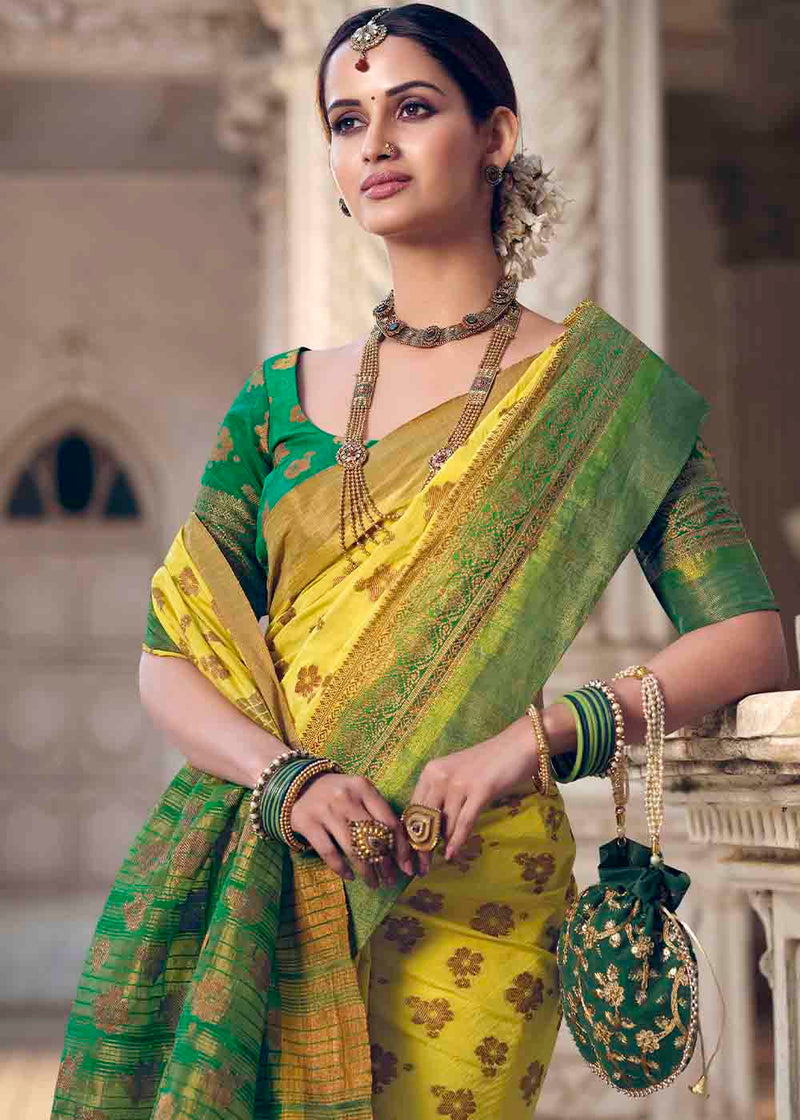 Energy Yellow and Green Zari Woven Banarasi Raw Silk Saree