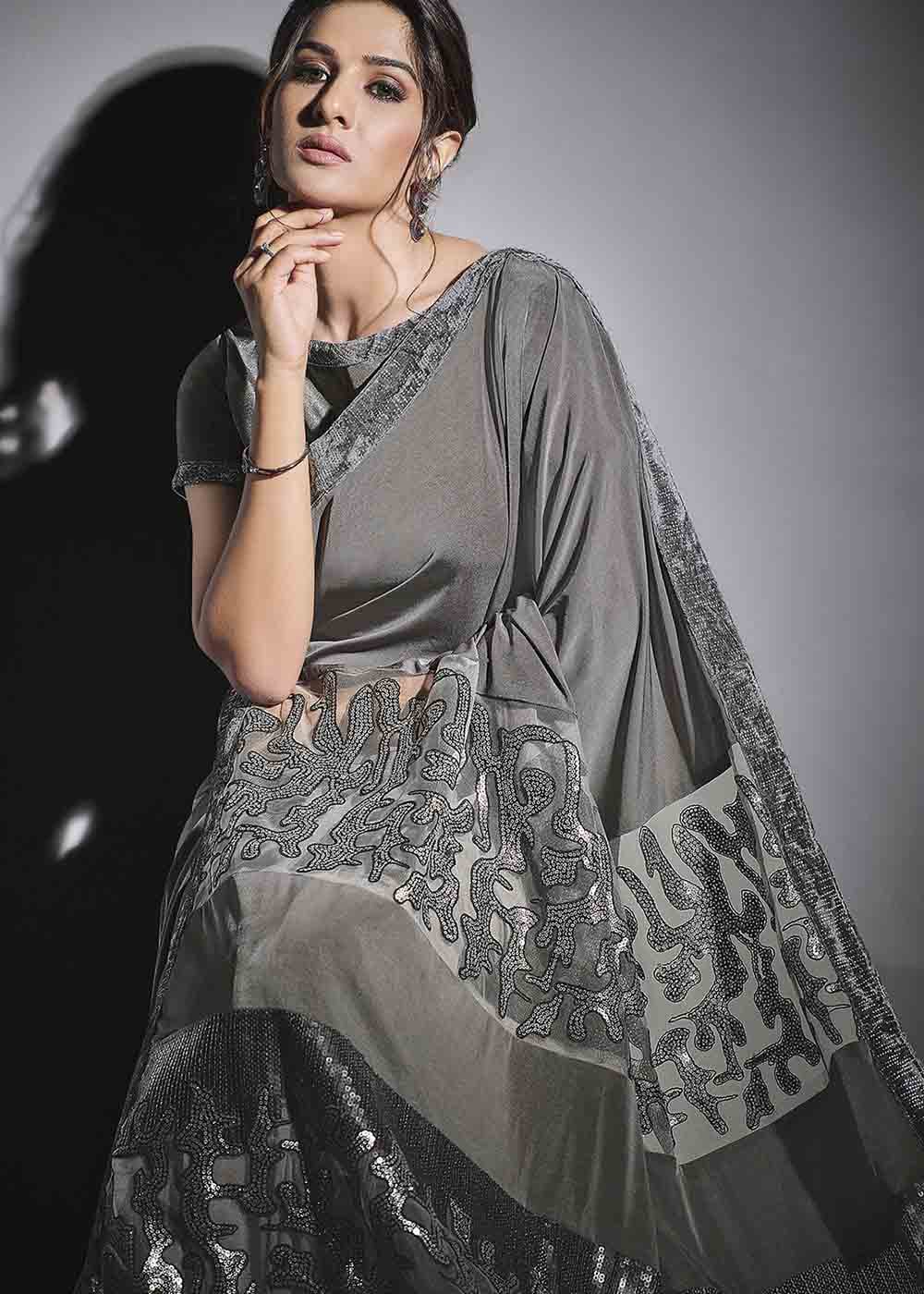 MySilkLove Empress Grey Designer Lycra Saree with Embroidery Work