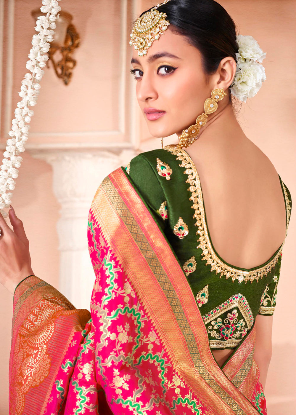 Buy MySilkLove Wild Pink and Green Zari Woven Banarasi Saree with Designer Blouse Online