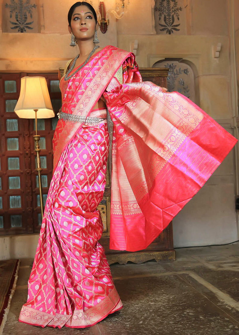 Froly Pink and Golden Katan Pure Silk Handwoven Jaal Saree