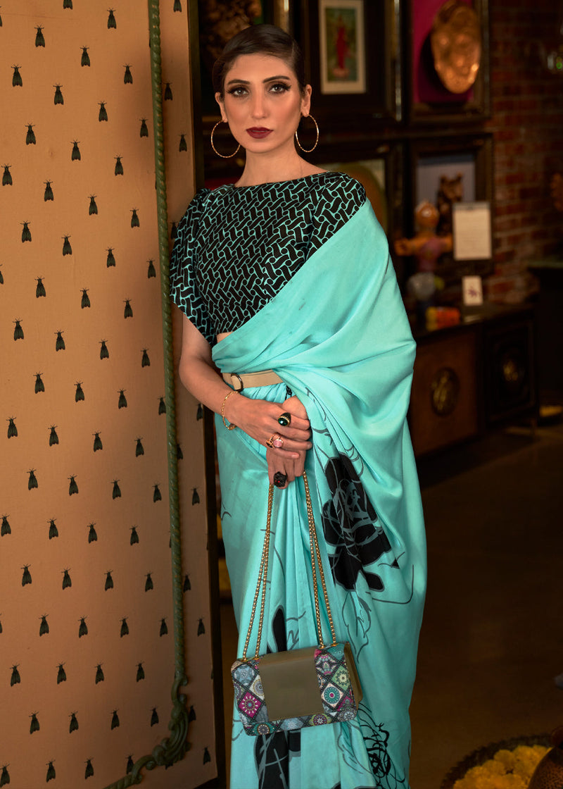 Monte Carlo Blue and Black Printed Satin Silk Saree