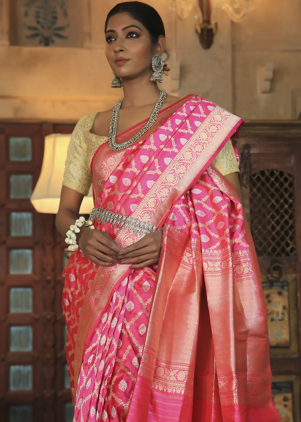 Buy MySilkLove Froly Pink and Golden Katan Pure Silk Handwoven Jaal Saree Online