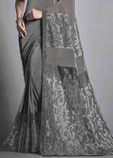 Empress Grey Designer Lycra Saree with Embroidery Work