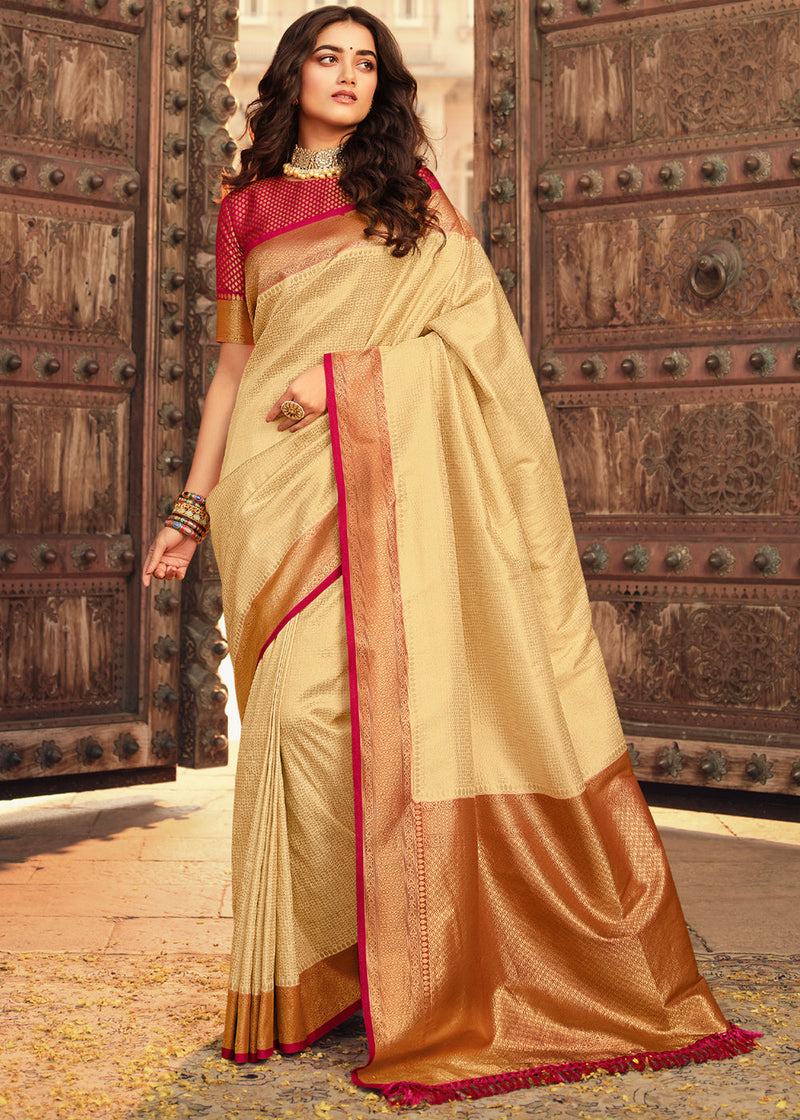 Cream Brulee and Red Zari Woven Kanjivaram Saree