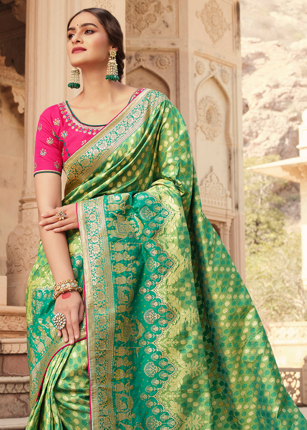 Buy MySilkLove Amulet Green and Pink Zari Woven Banarasi Saree with Designer Blouse Online