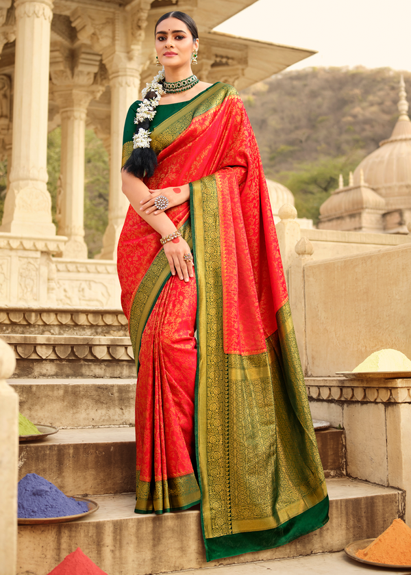 Niagara Blue and Red Woven Kanjivaram Silk Saree – MySilkLove