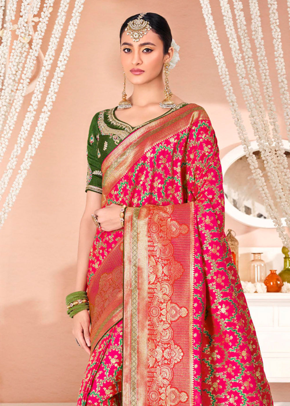 Buy MySilkLove Wild Pink and Green Zari Woven Banarasi Saree with Designer Blouse Online