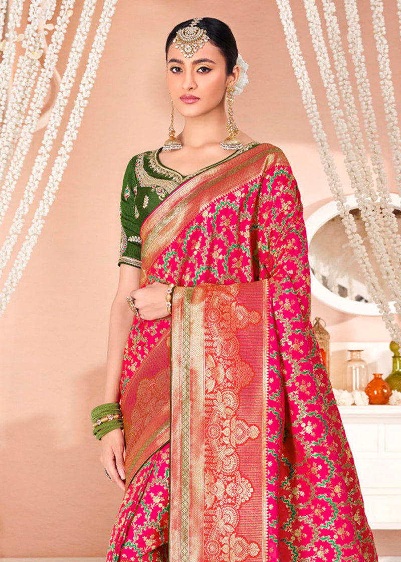 Wild Pink and Green Zari Woven Banarasi Saree with Designer Blouse