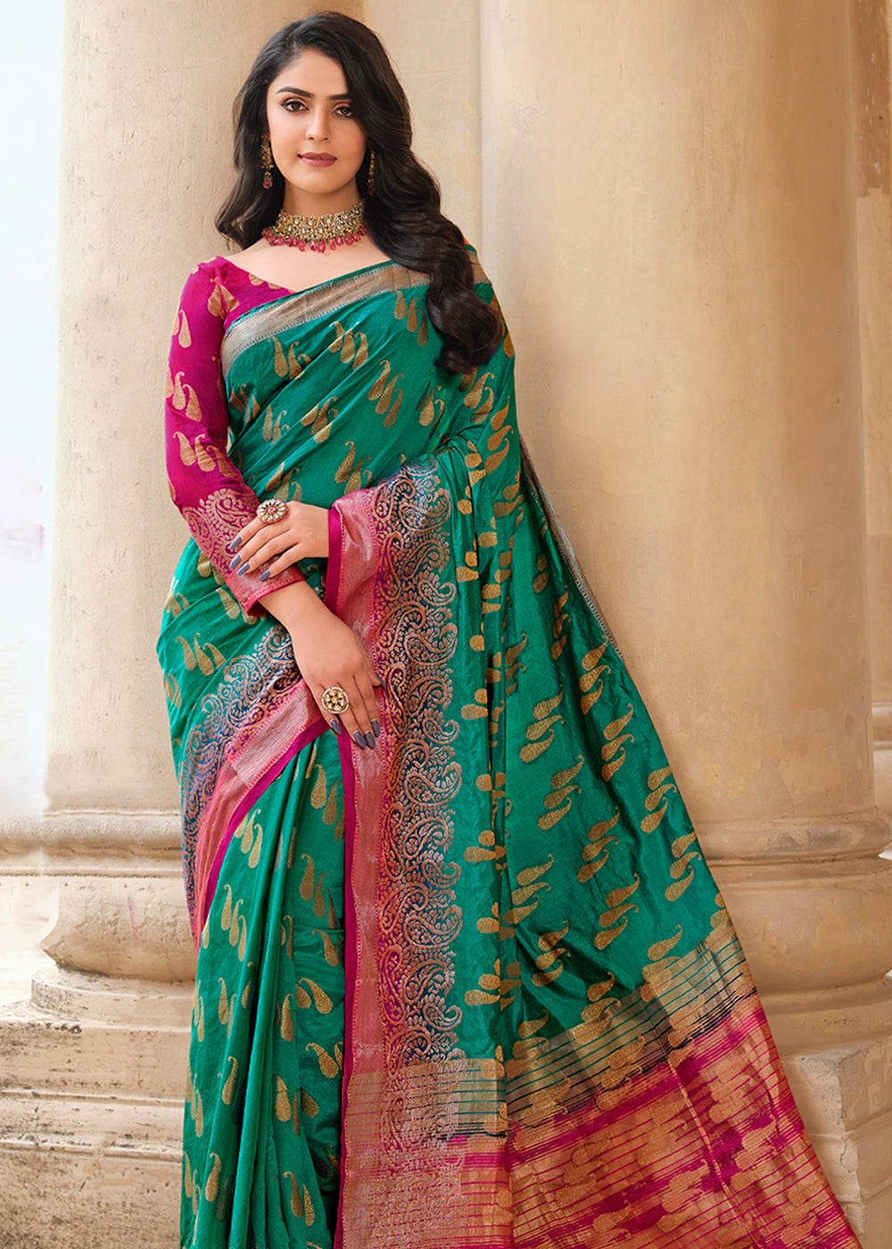 Buy MySilkLove Emerald Blue Woven Banarasi Raw Silk Saree Online