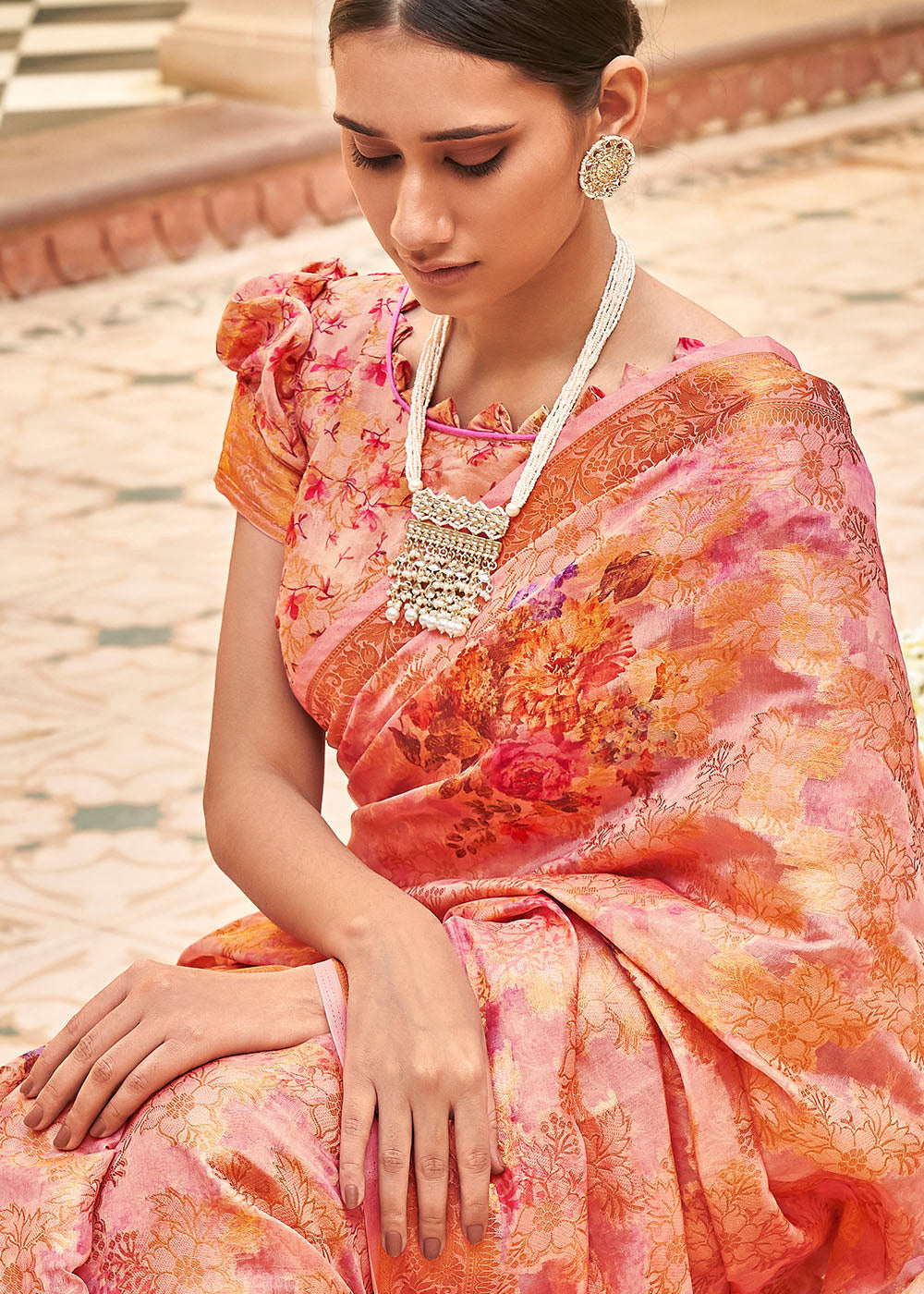 Buy MySilkLove Sunglo Peach Digital Printed Brasso Saree Online