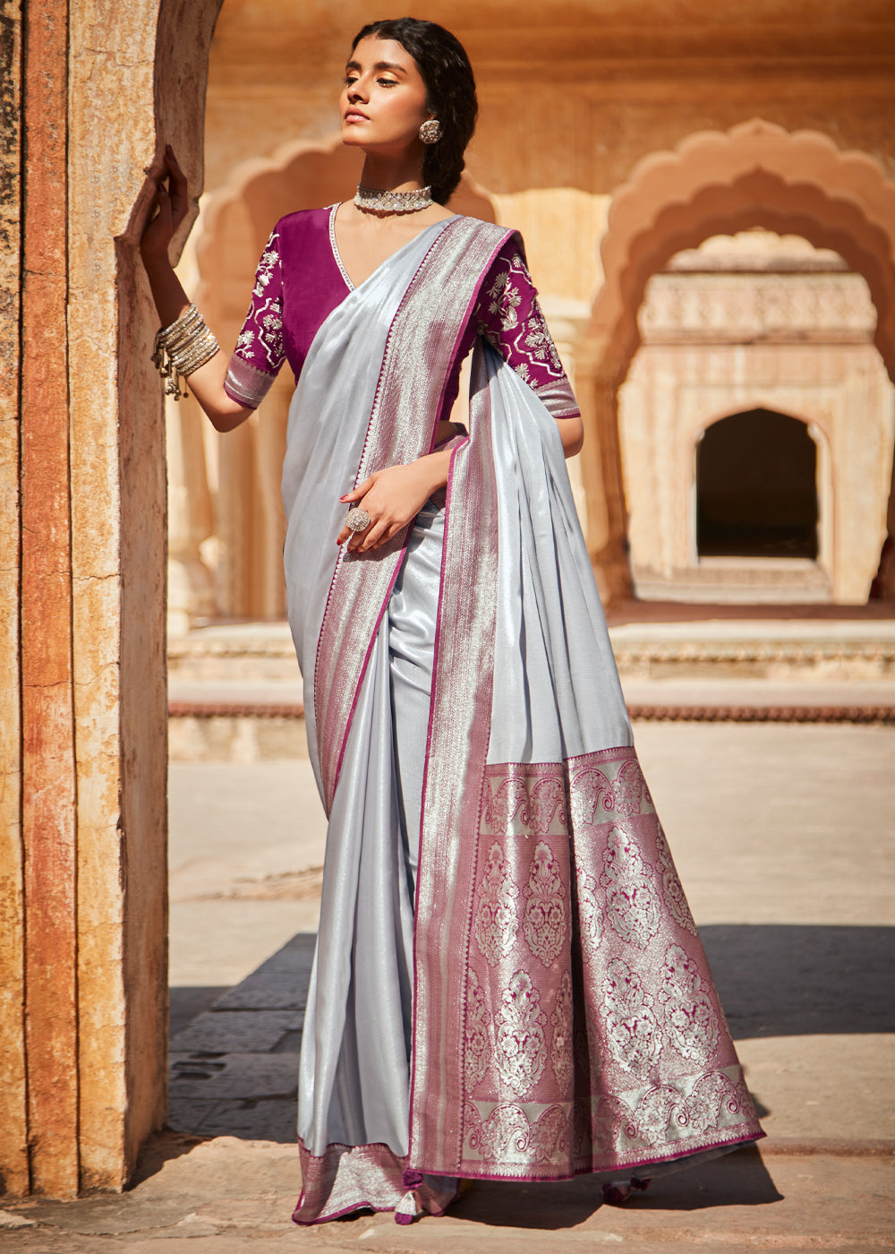 Buy MySilkLove French Silver Grey and Purple Zari Woven Designer Banarasi Saree Online