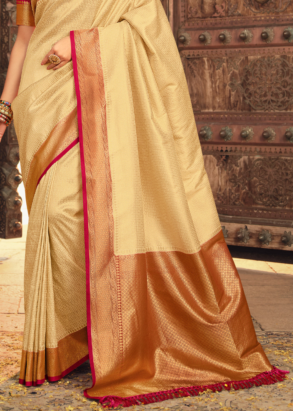 Buy MySilkLove Cream Brulee and Red Zari Woven Kanjivaram Saree Online