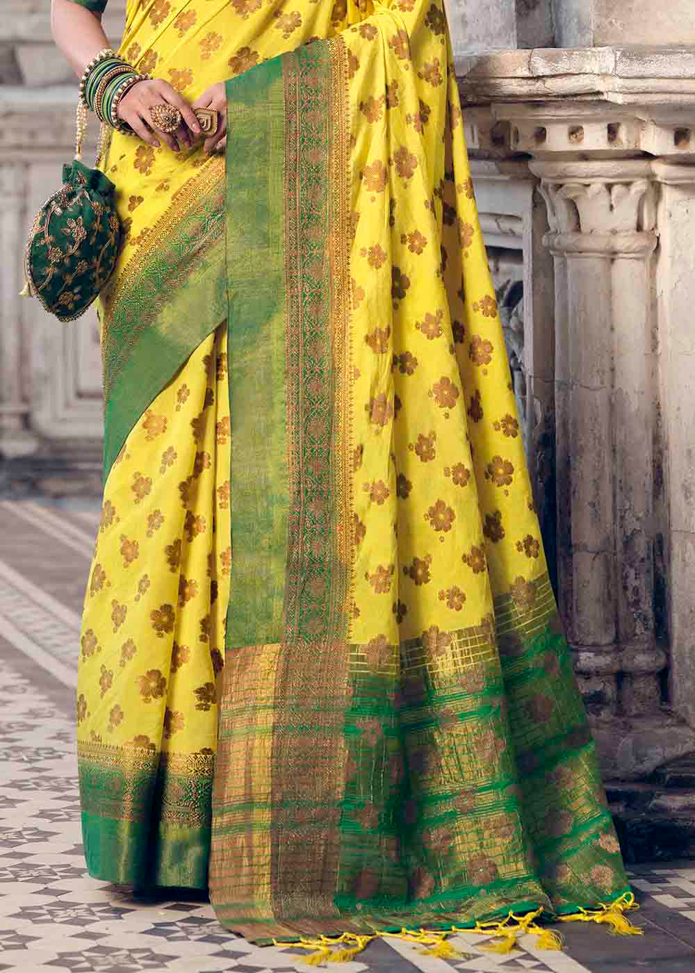 Buy MySilkLove Energy Yellow and Green Zari Woven Banarasi Raw Silk Saree Online