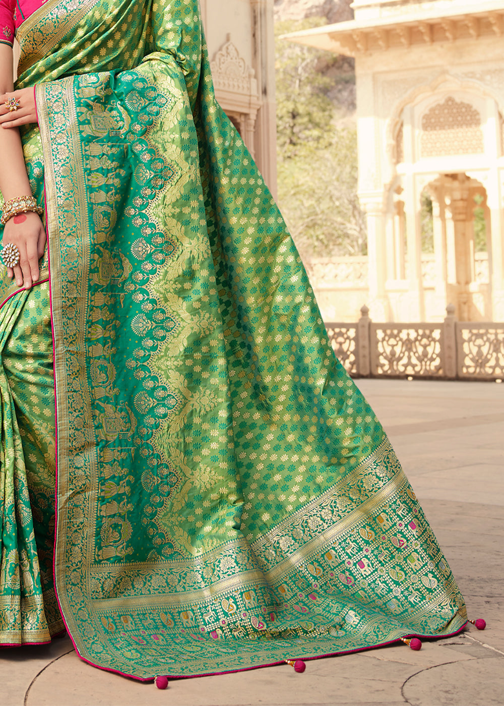 Buy MySilkLove Amulet Green and Pink Zari Woven Banarasi Saree with Designer Blouse Online