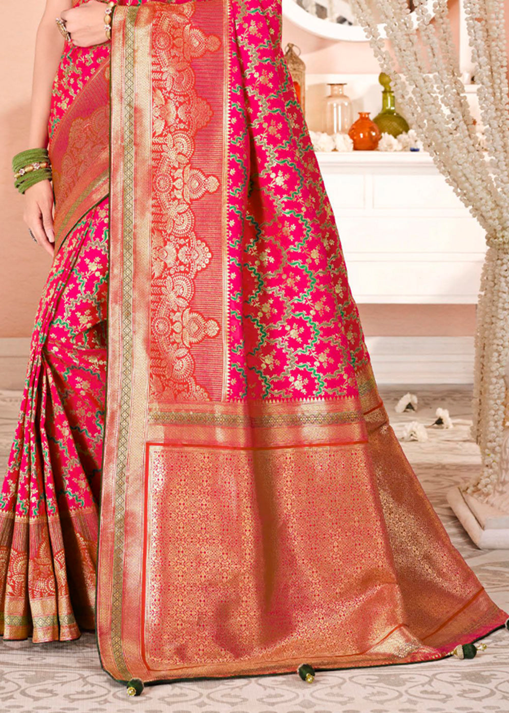 Buy MySilkLove Wild Pink and Green Zari Woven Banarasi Saree with Designer Blouse Online