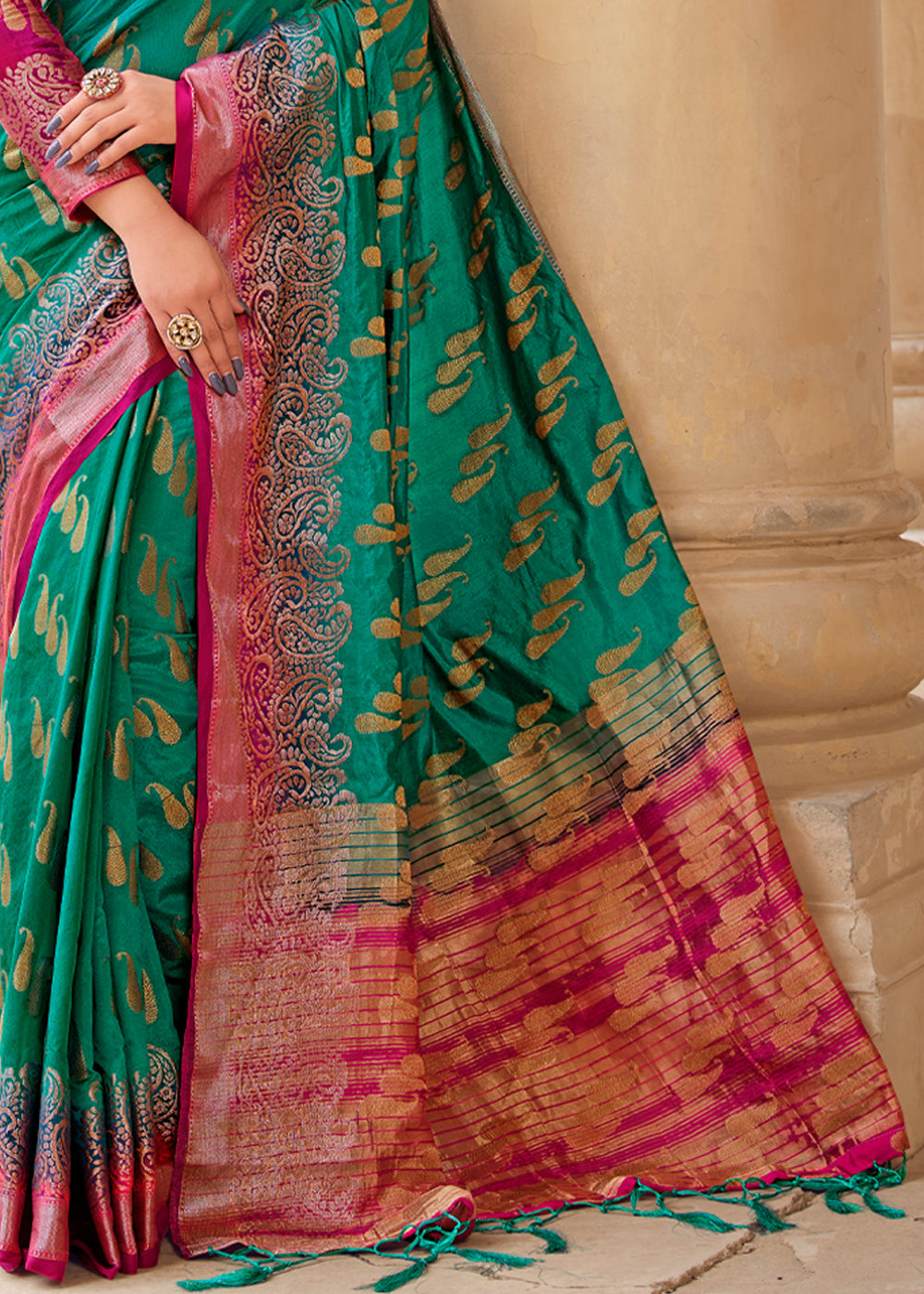 Buy MySilkLove Emerald Blue Woven Banarasi Raw Silk Saree Online