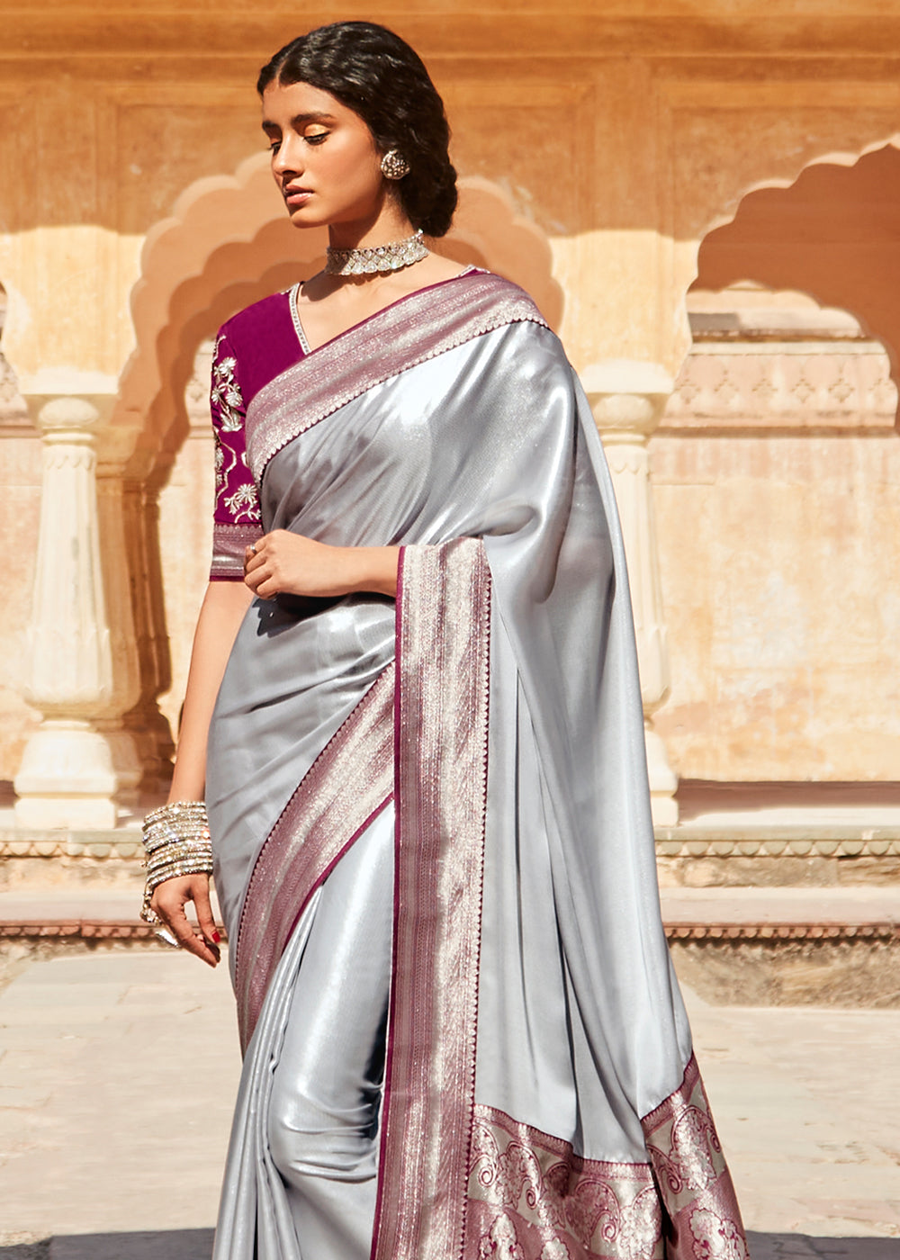 Buy MySilkLove French Silver Grey and Purple Zari Woven Designer Banarasi Saree Online