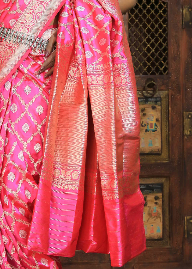 Froly Pink and Golden Katan Pure Silk Handwoven Jaal Saree
