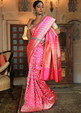 Froly Pink and Golden Katan Pure Silk Handwoven Jaal Saree