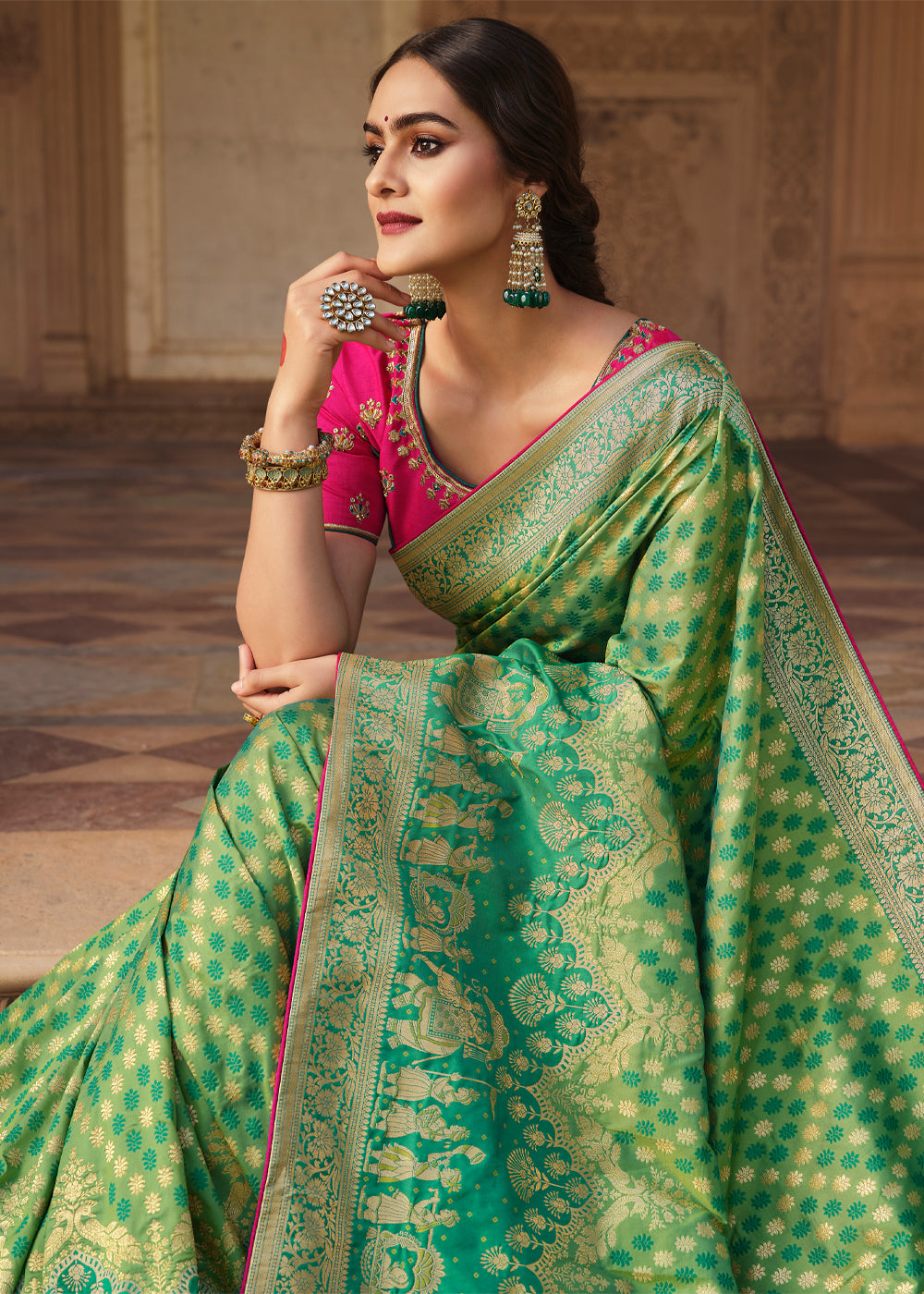 Buy MySilkLove Amulet Green and Pink Zari Woven Banarasi Saree with Designer Blouse Online