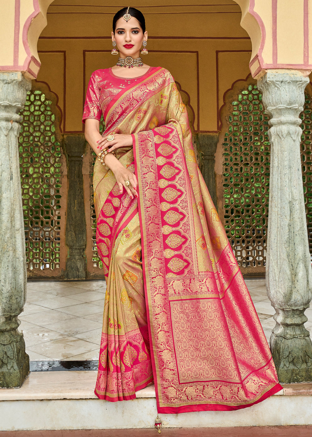 Buy MySilkLove Butter Light Brown and Pink Designer Banarasi Saree Online