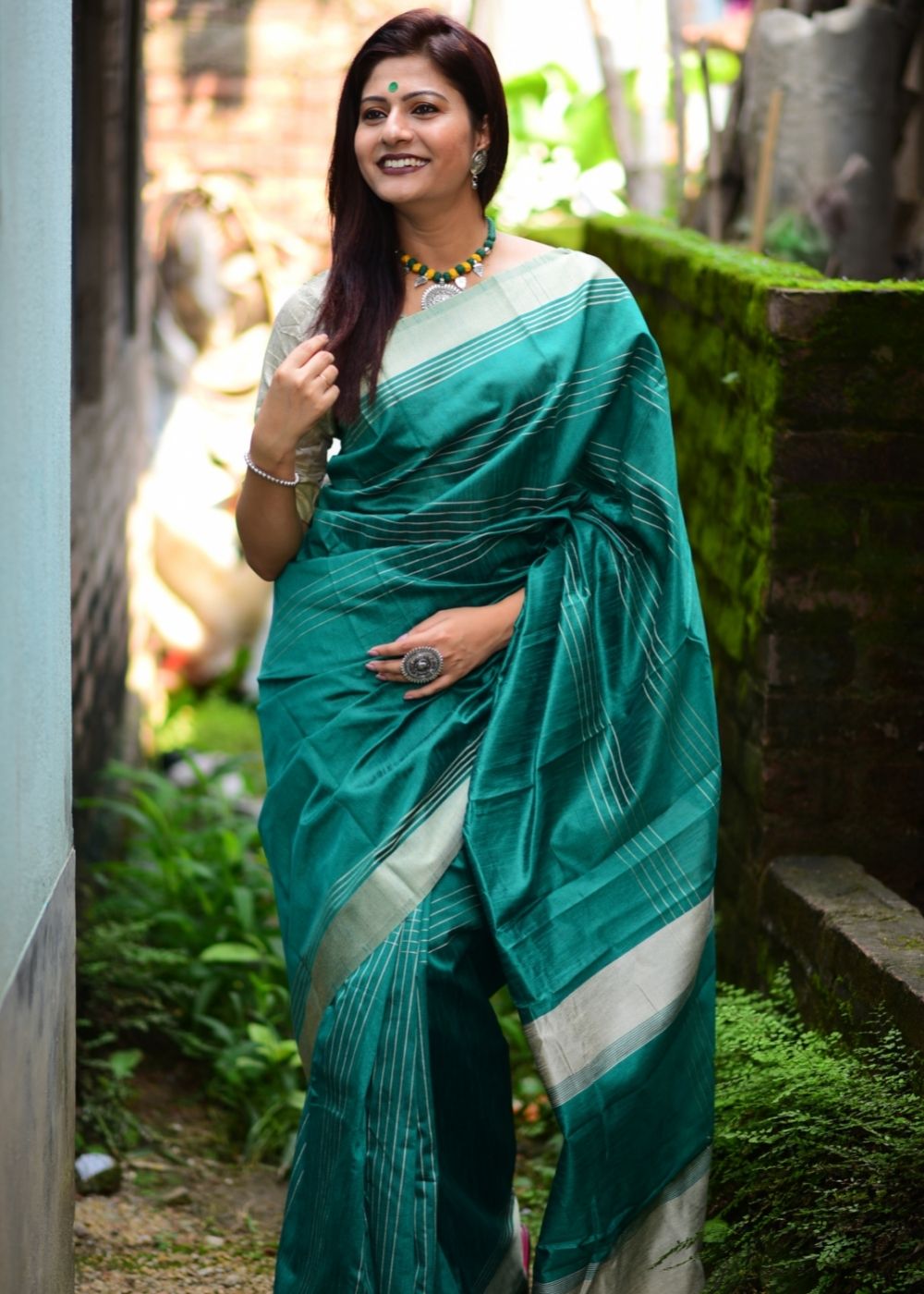 Buy MySilkLove Viridian Green Handloom Raw Silk Saree Online