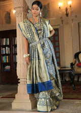 Biscay Blue and Golden Katan Pure Silk Handwoven Shikargah Saree