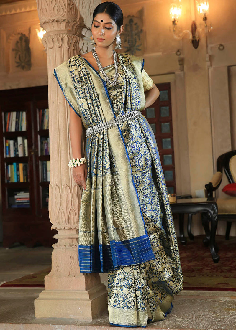 Biscay Blue and Golden Katan Pure Silk Handwoven Shikargah Saree