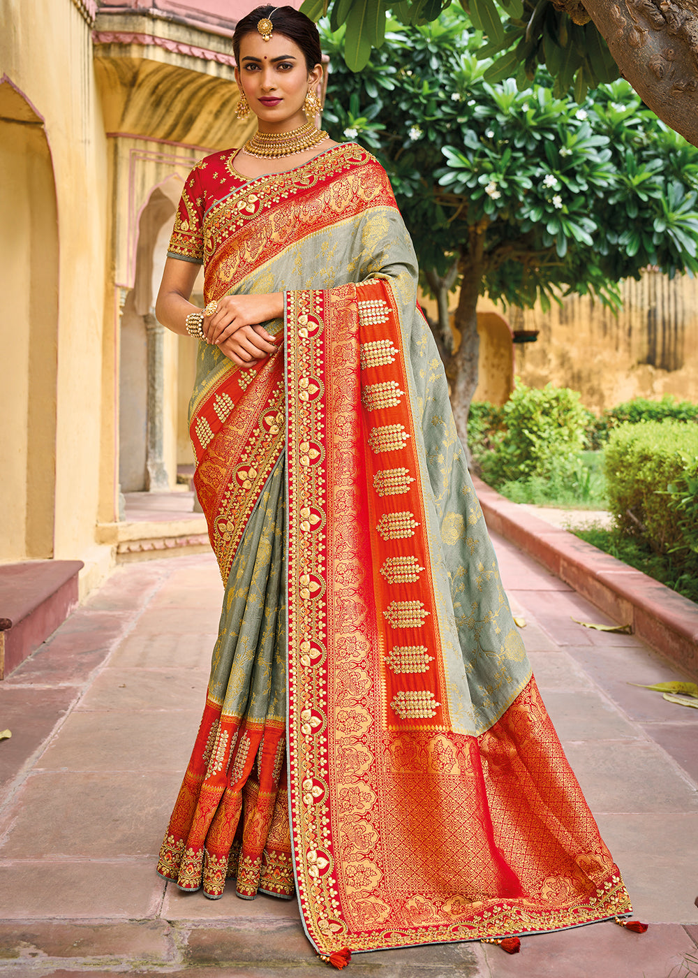 Buy MySilkLove Clay Grey and Red Embroidered Dola Silk Saree Online
