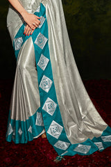 Bison Silver and Blue South Silk Saree