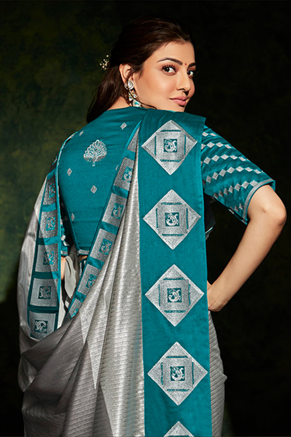 Buy MySilkLove Bison Silver and Blue South Silk Saree Online