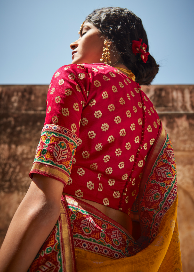 Golden Yellow and Red Zari Woven Designer Banarasi Saree