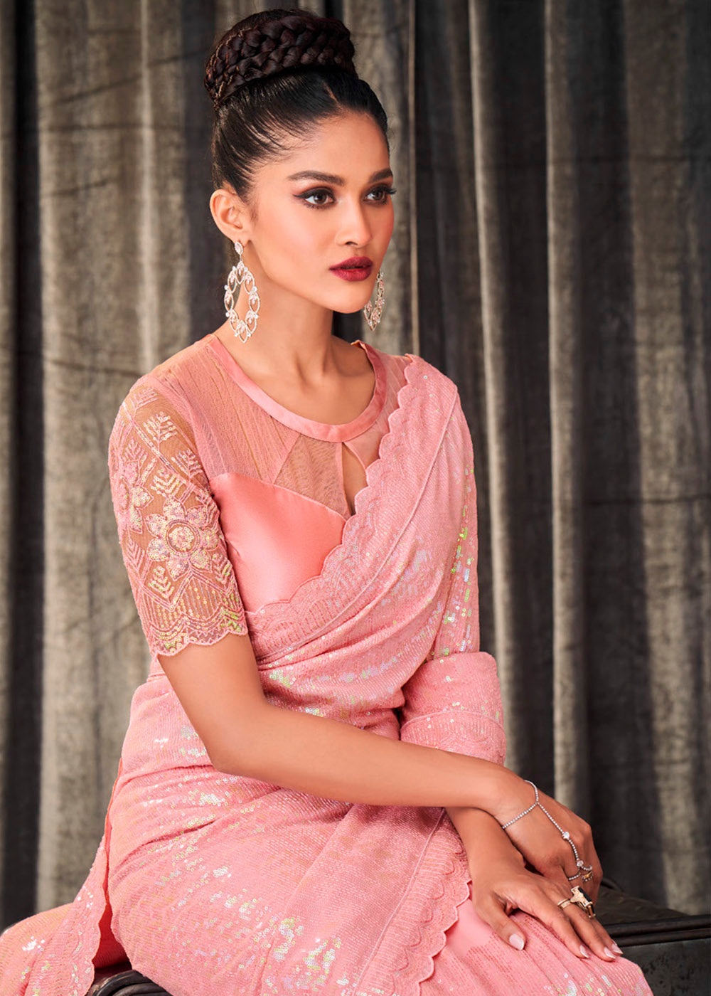 Buy MySilkLove Bridal Heath Pink Sequins Embroidered Designer Georgette Saree Online
