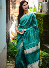 Viridian Green Handloom Raw Silk Saree