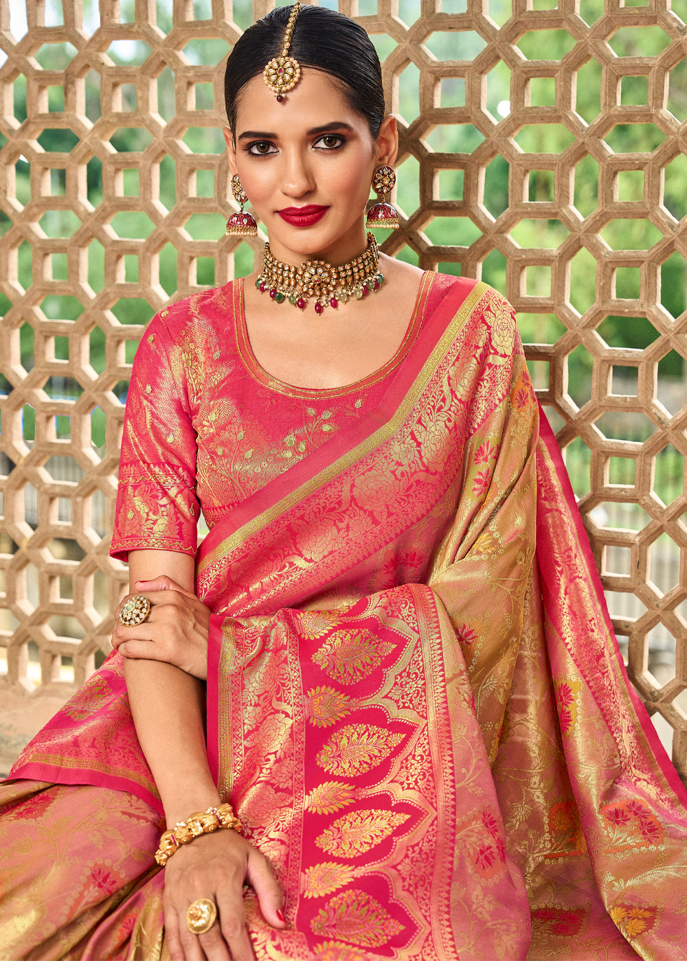 Buy MySilkLove Butter Light Brown and Pink Designer Banarasi Saree Online